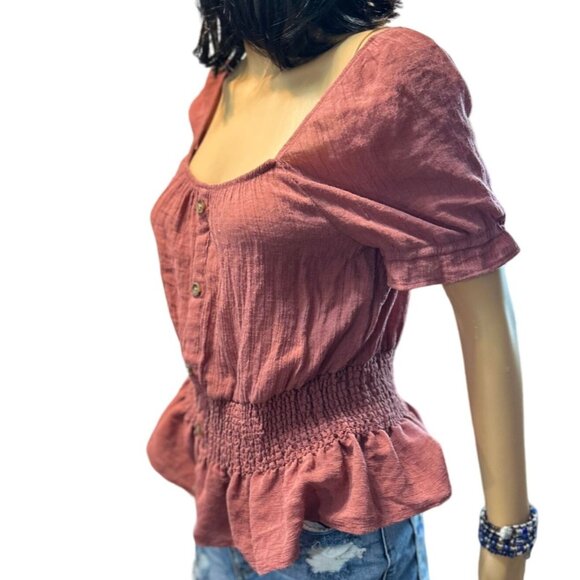 Crescent & Willough Womens Button Front Peplum Blouse Large Pink Cottagecore - Picture 3 of 7